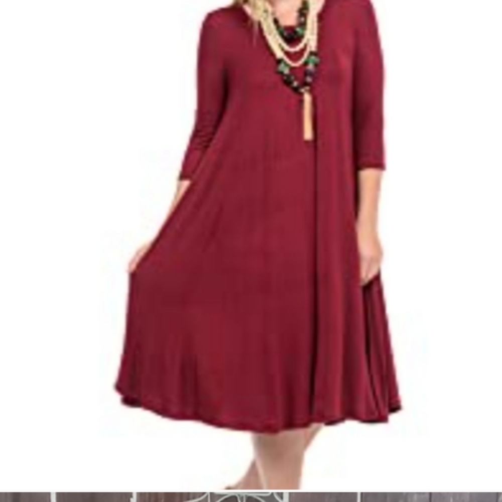 Tunic Relaxed Fit Burgundy Dress M Pullover Round Neck 3/4 Sleeves Stretch New